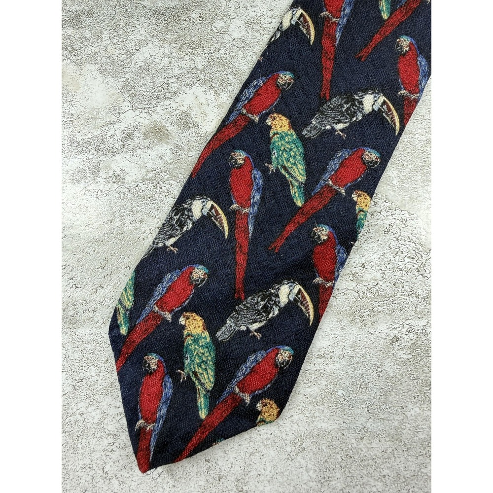 WWF 100% Silk Tie Mens One Size Blue Parrot Tropical Jacquard Pointed Necktie